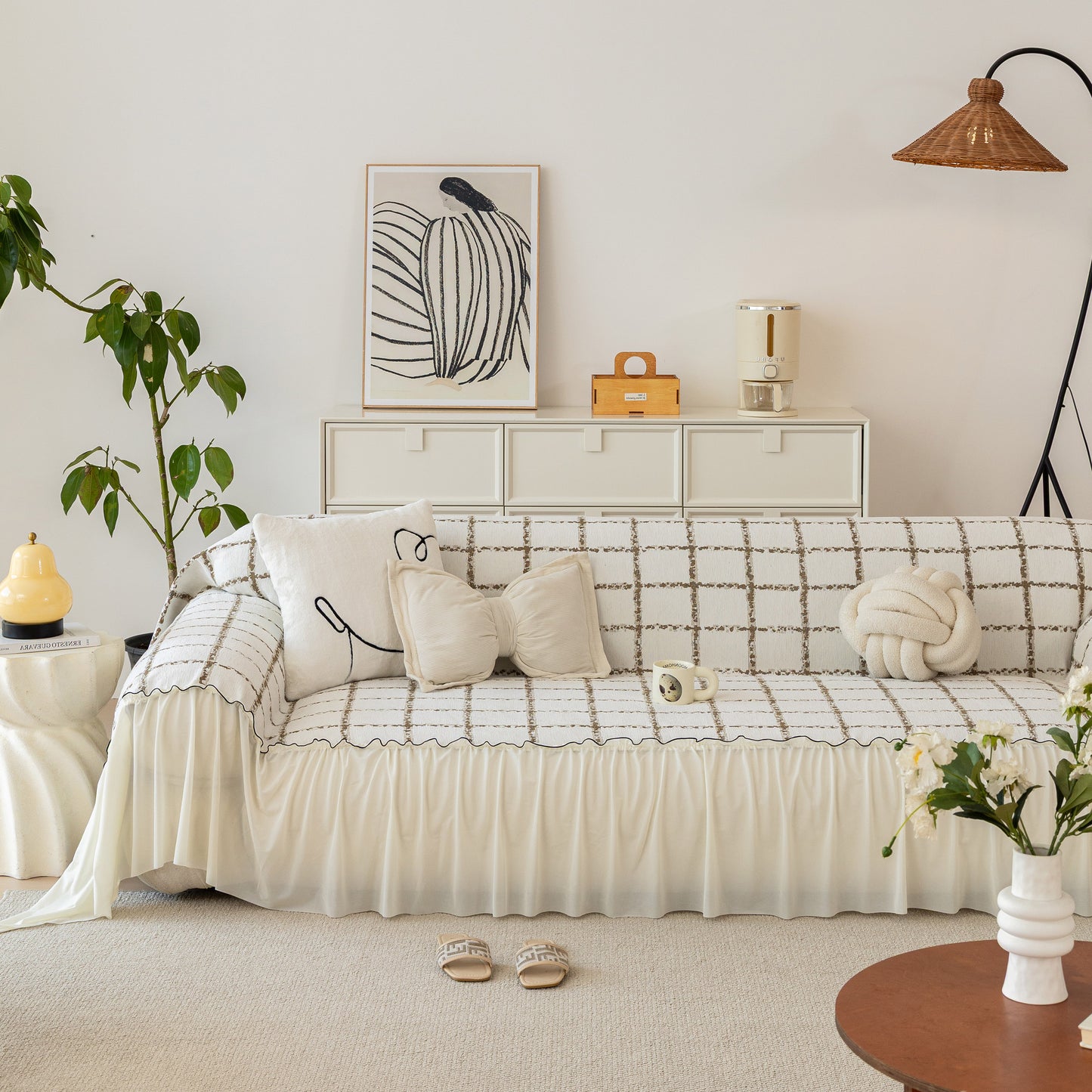 Gitter Sofaüberzug mit Rüschensaum – Weicher, Dekorativer, Vollständiger Couchschutz