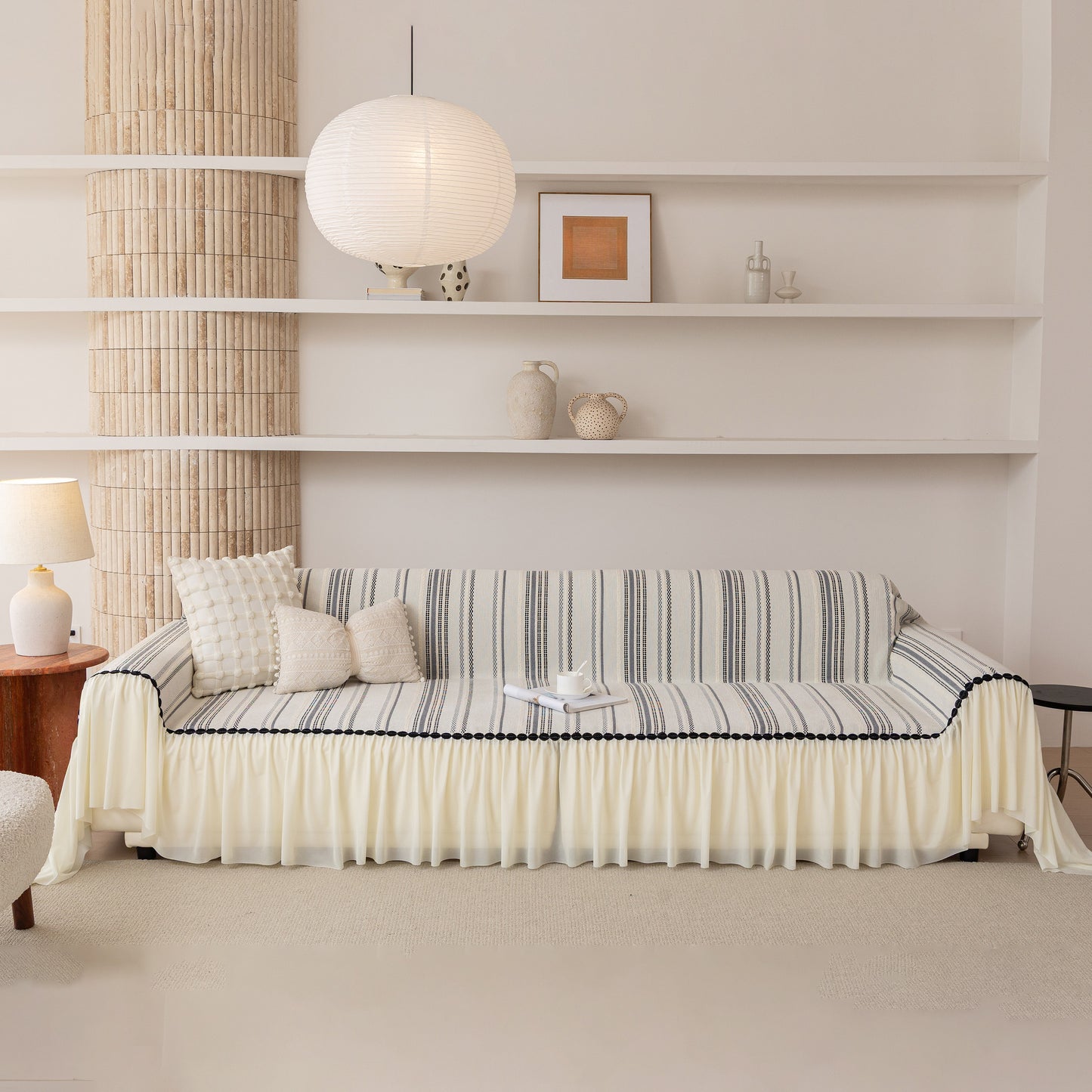 Boho gestreifter Sofabezug mit transparenter Rüsche, dekorative Sofadecke