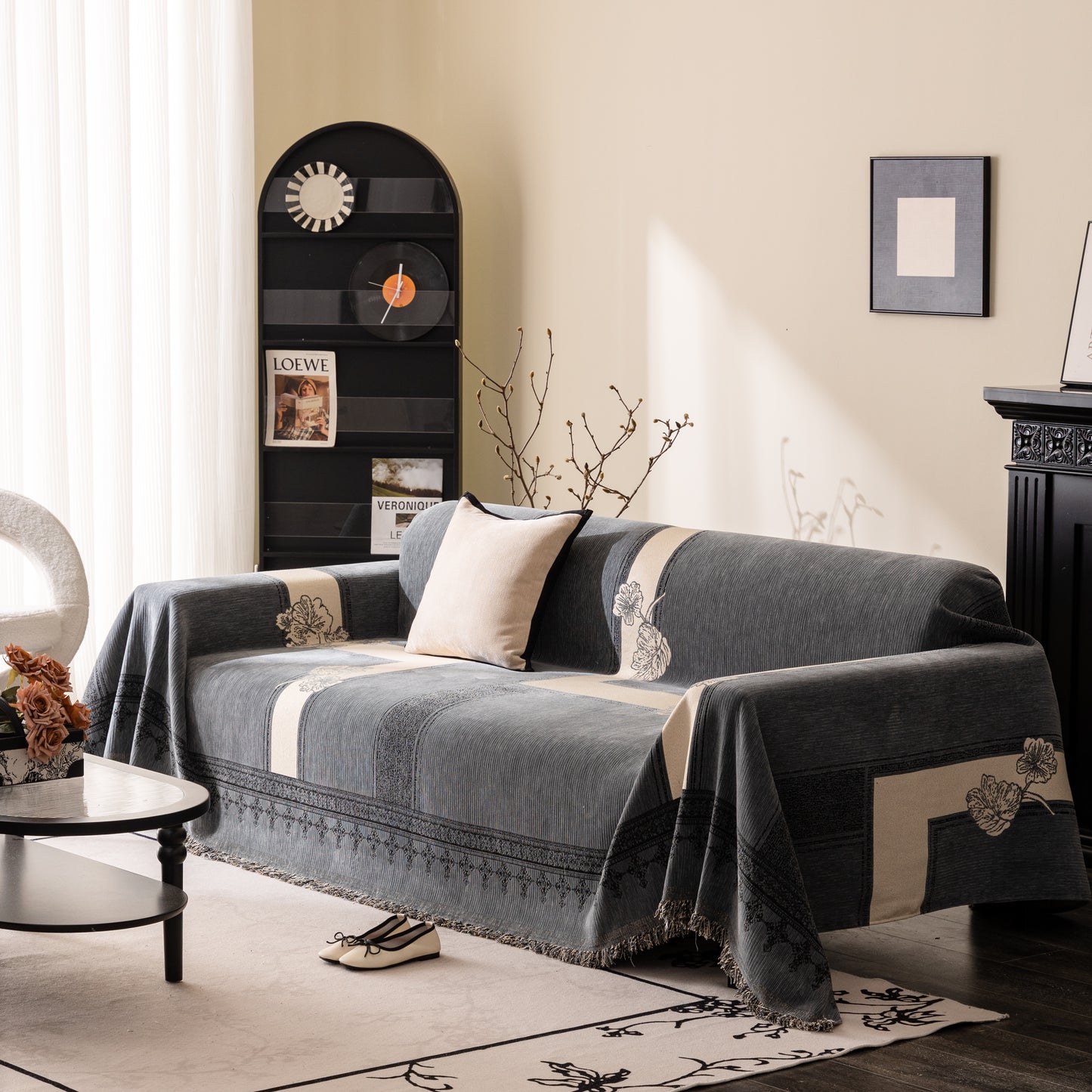 Housse de canapé en jacquard floral avec des franges, couverture de canapé épaisse et texturée