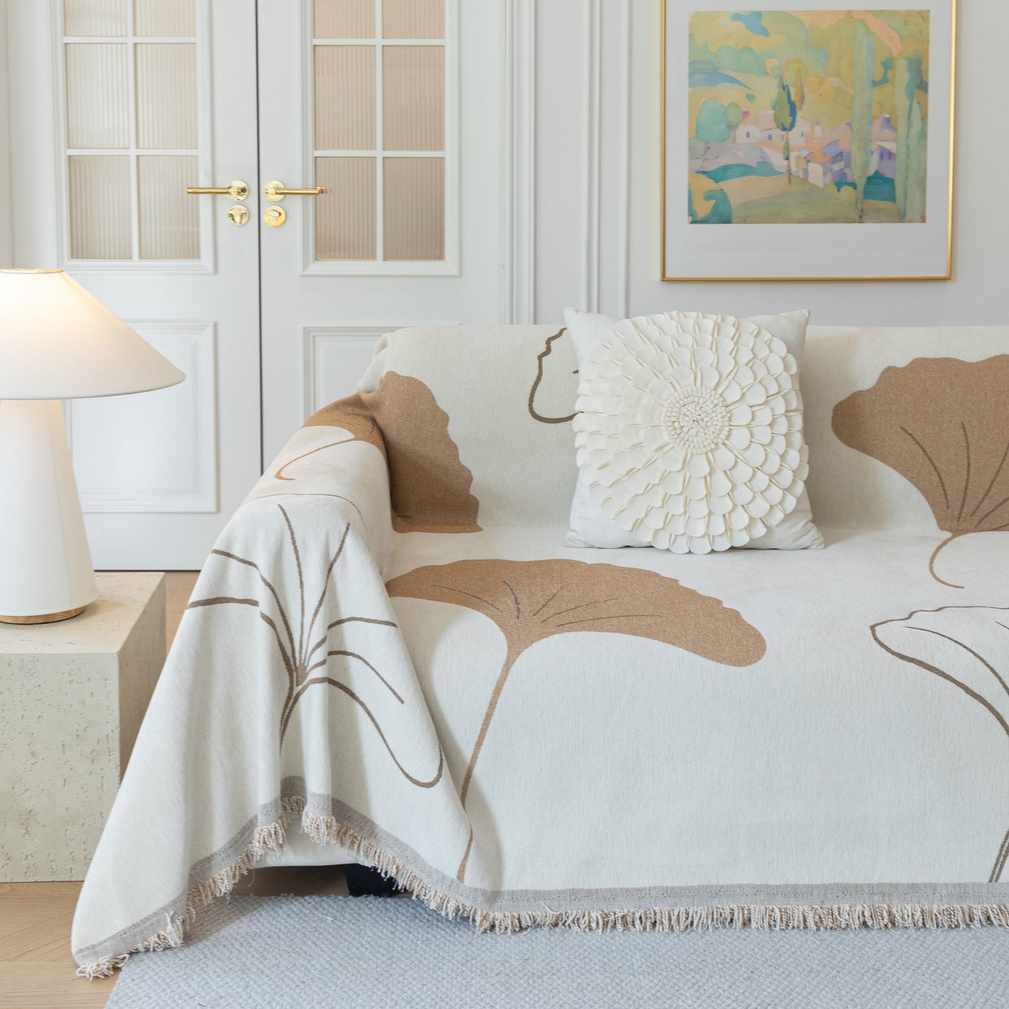 Coperta Accogliente per Divano con Frange, Protettore per Mobili con Motivo a Foglia Jacquard