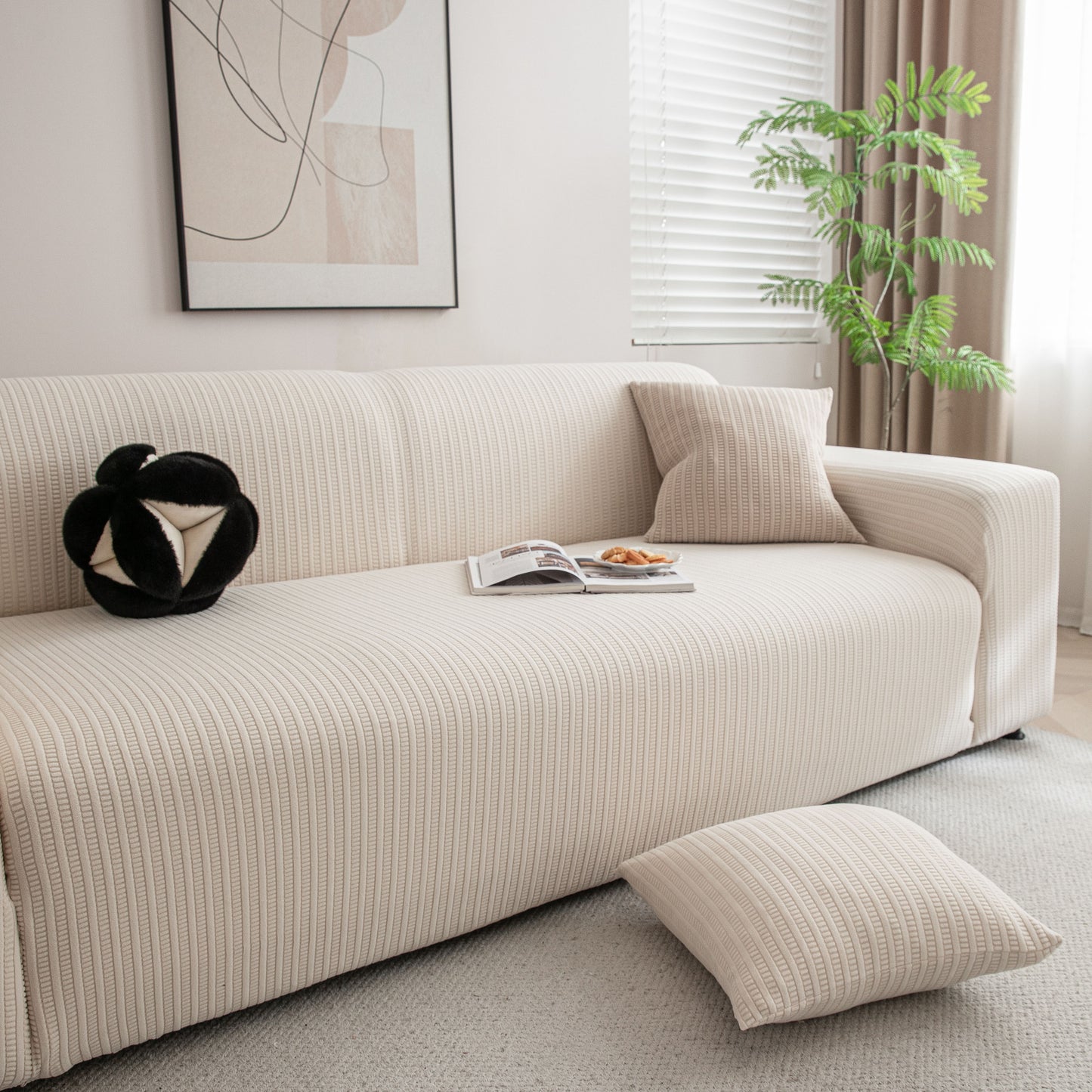 3D Grid Jacquard Sofa Cover, High Stretch Plush Waffle Couch Slipcover with Tie Straps