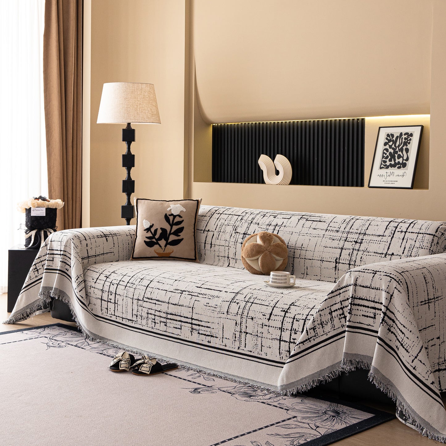 モダンソファ保護ブランケット 織りチュニールソファカバー アートグリッド付きスロー