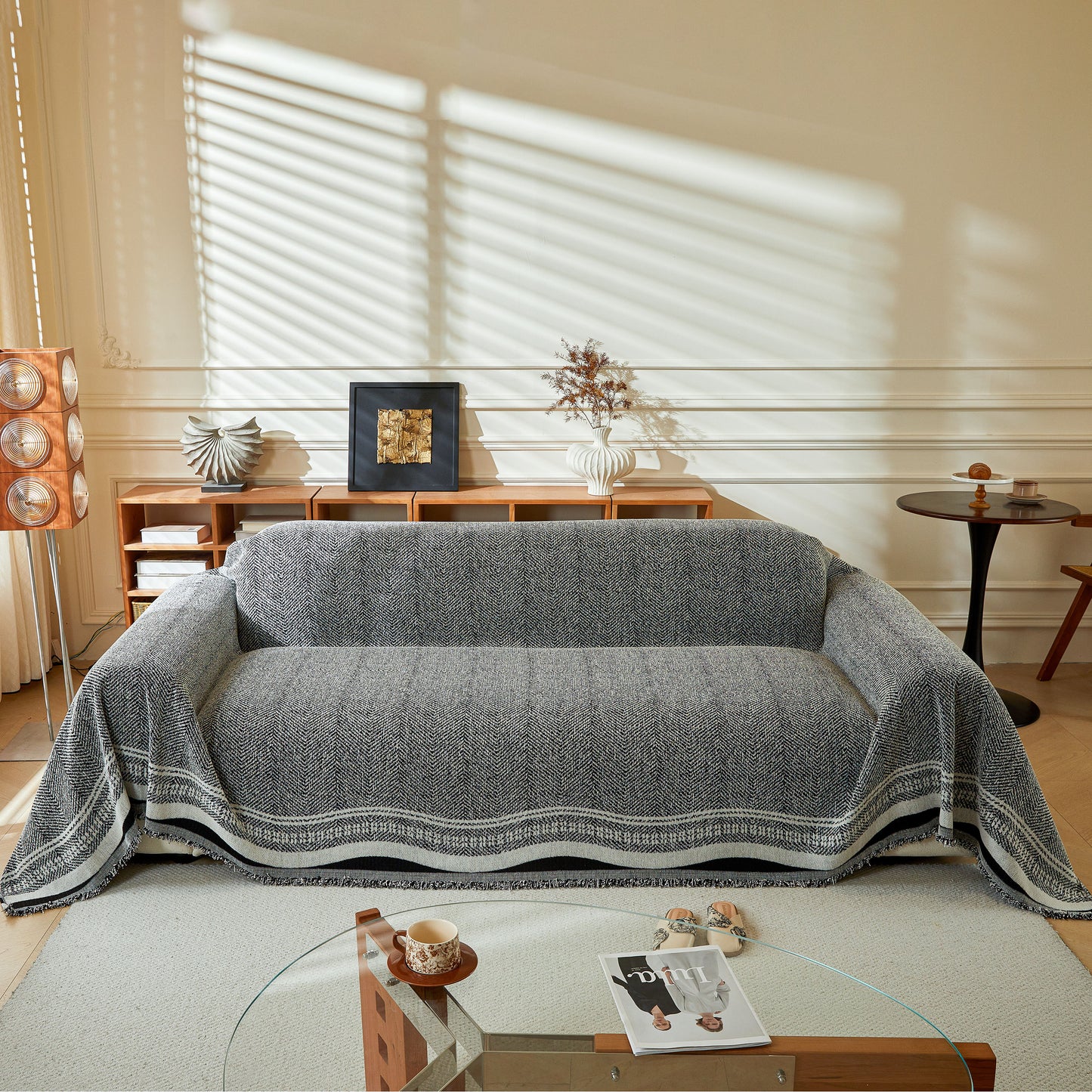 リバーシブルヘリンボーンソファカバー、2-in-1クラシックブリティッシュスロー毛布