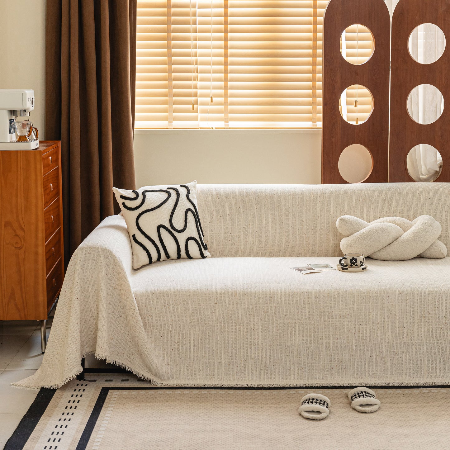 Boho Woven Sofa Throw Cover, Modern Soft Couch Protector for Pets & Living Room Decor