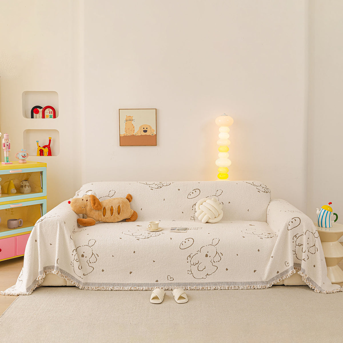 Cute Dog Pattern Plush Sofa Throw Cover, Soft Couch Protector Blanket with Fringe
