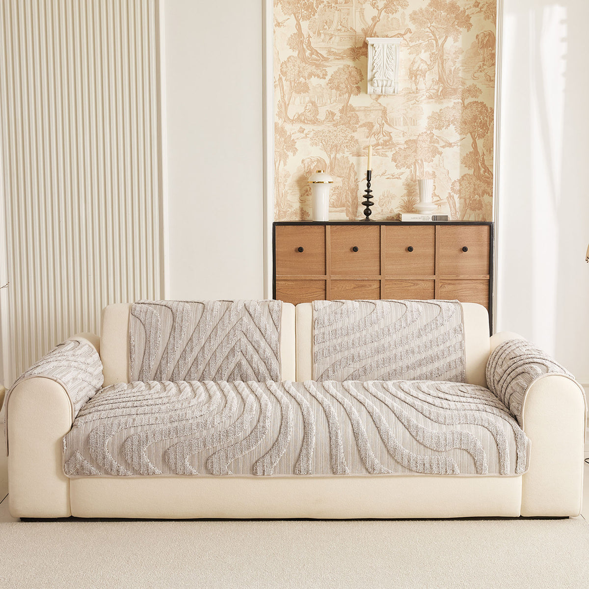 Cozy Plush Sofa Topper with Raised Wave Texture, Non-Slip Furniture Protector Cover