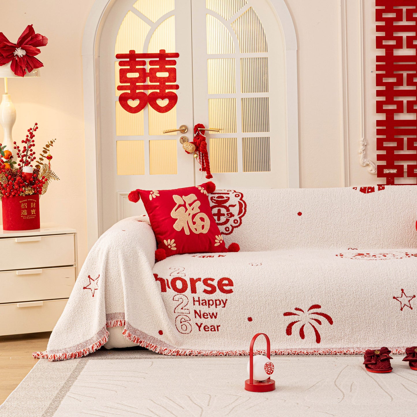 Chinese New Year Sofa Throw Cover Blanket, Decor Festive Red Fu Pattern Couch Cover