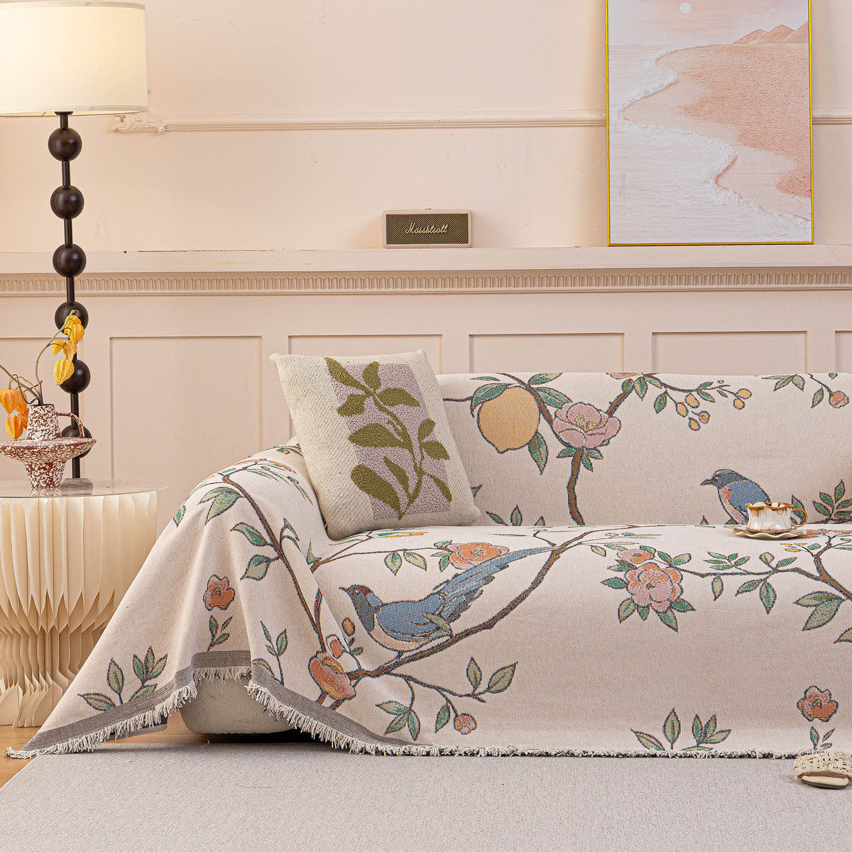 Farmhouse Chenille Sofa Throw Cover, Botanical Bird & Floral Jacquard Couch Protector