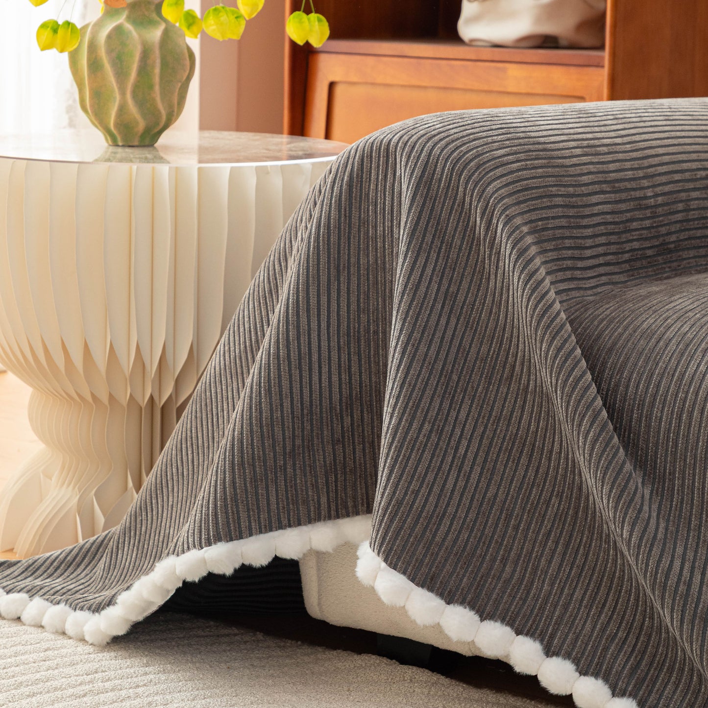 Textured Striped Cozy Couch Cover Throw Blanket with Pom Pom Trim for Sectional Sofa