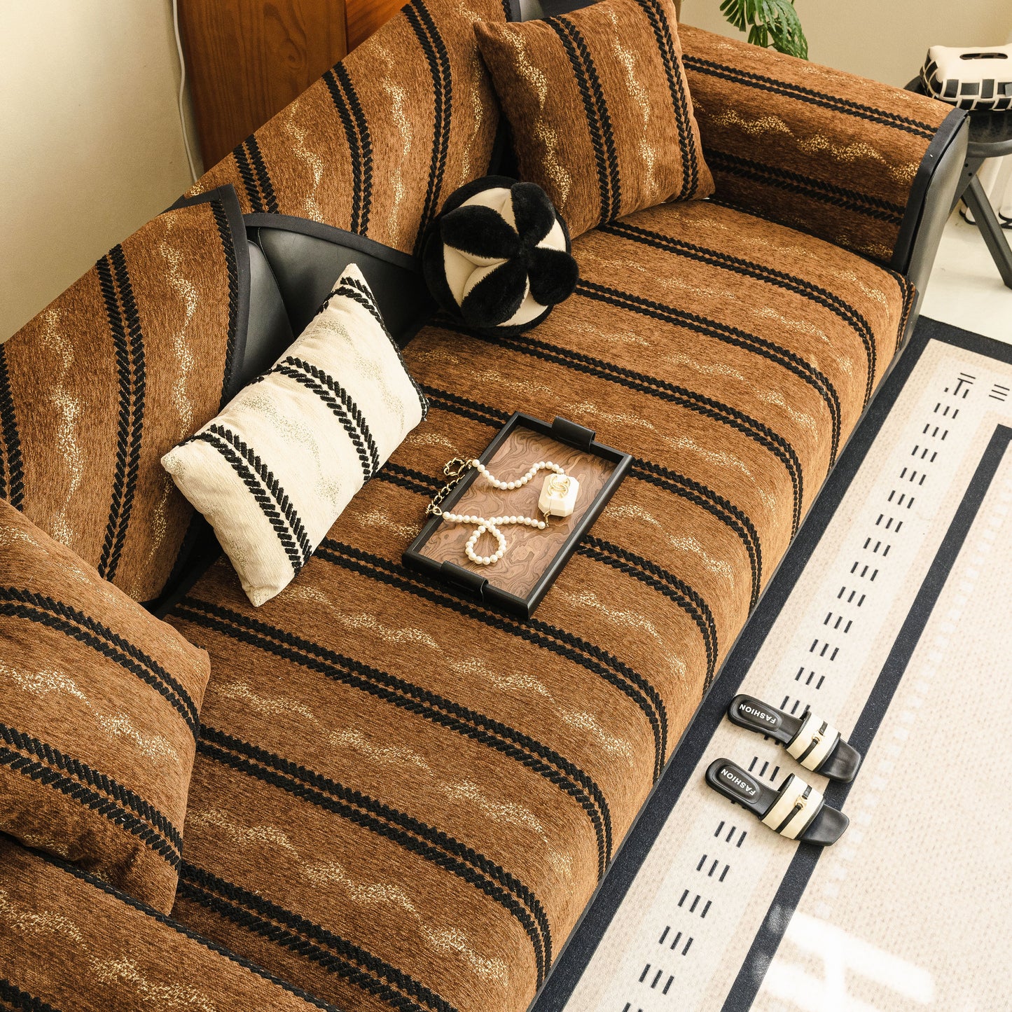 Non-Slip Sofa Cover with Thick Chenille Texture Woven Stripe Couch Protector Throw