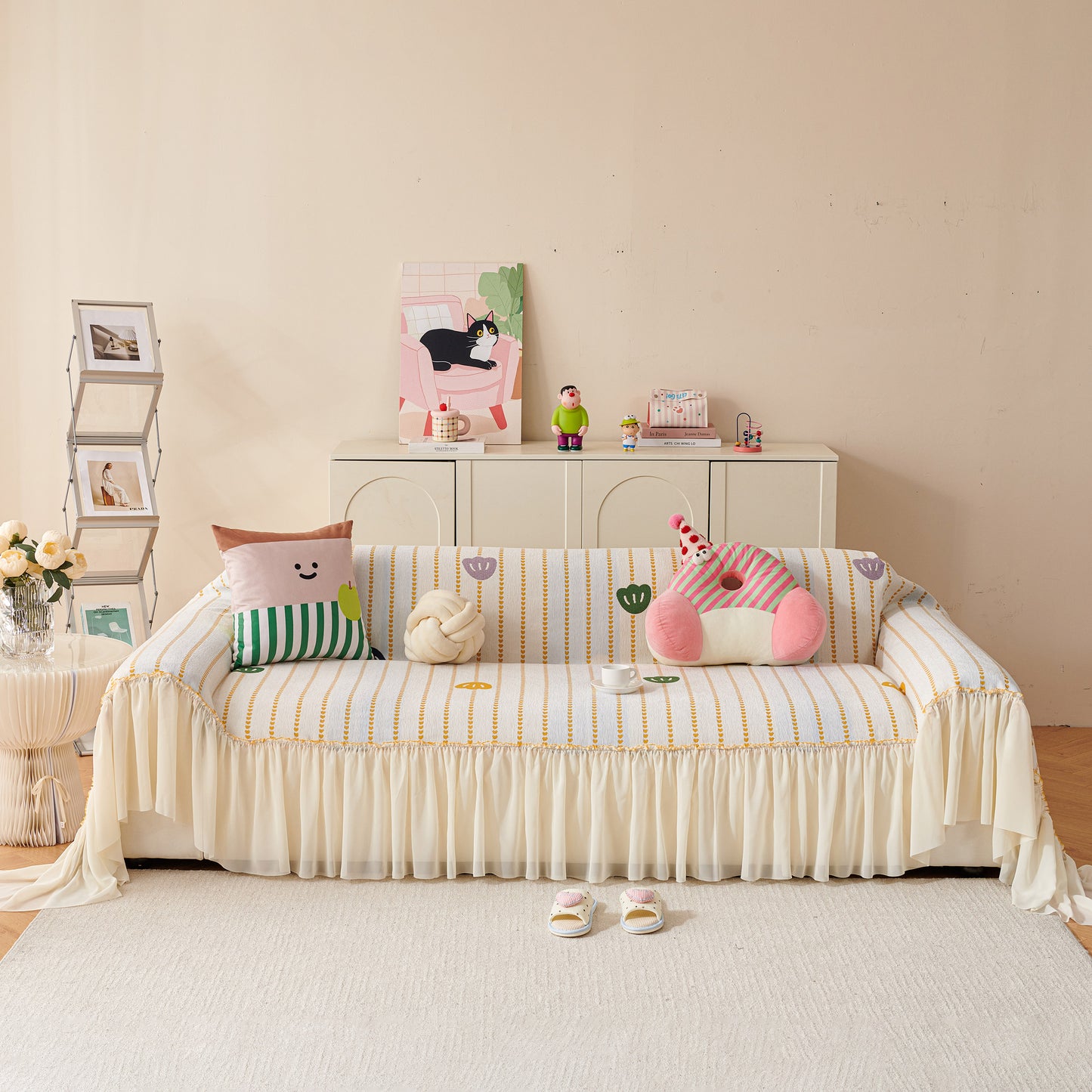 Cute Dotted Stripe Couch Protector, Non-Slip Washable Sofa Cover with Ruffled Skirt