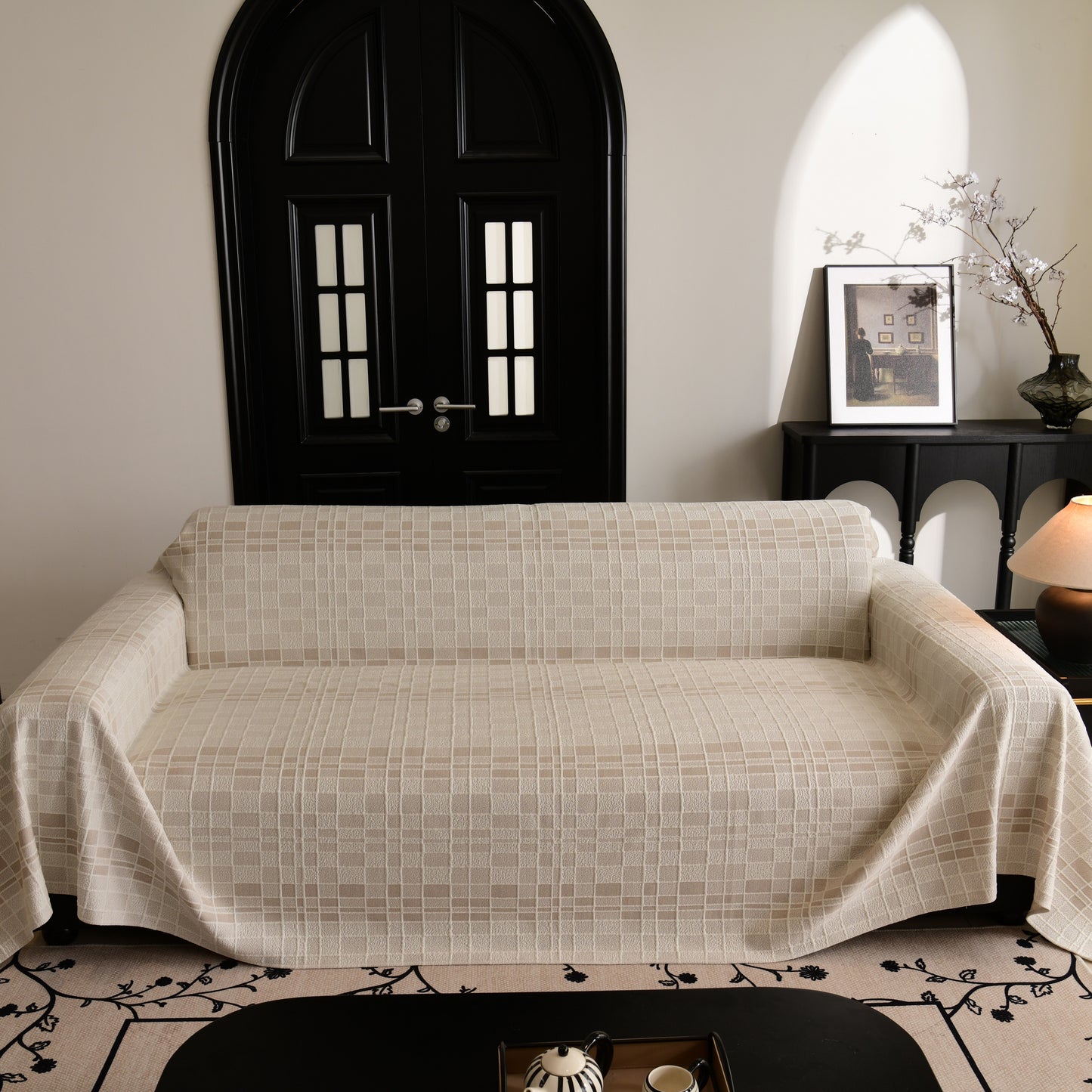 Sofa Cover Throw with Subtle Textured Stripes Lightweight Smooth Couch Slipcover