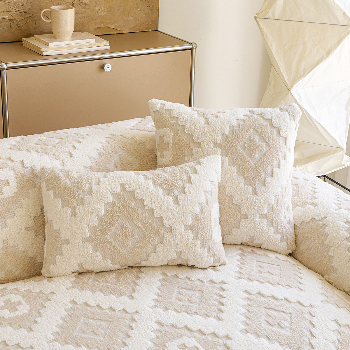 Cozy Thickened Sherpa Sofa Protector, Geometric Non-Slip Couch Cover for Pets & Kids