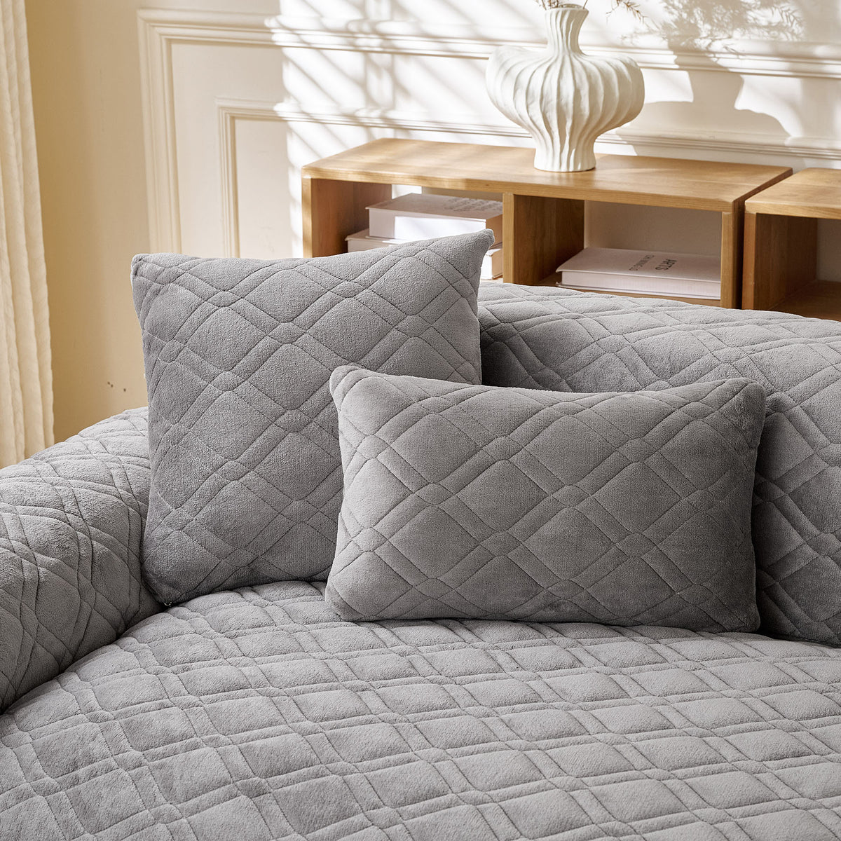 Plush Geometric Quilted Sofa Cover, Non-Slip Padded Couch Protector for Pets & Kids