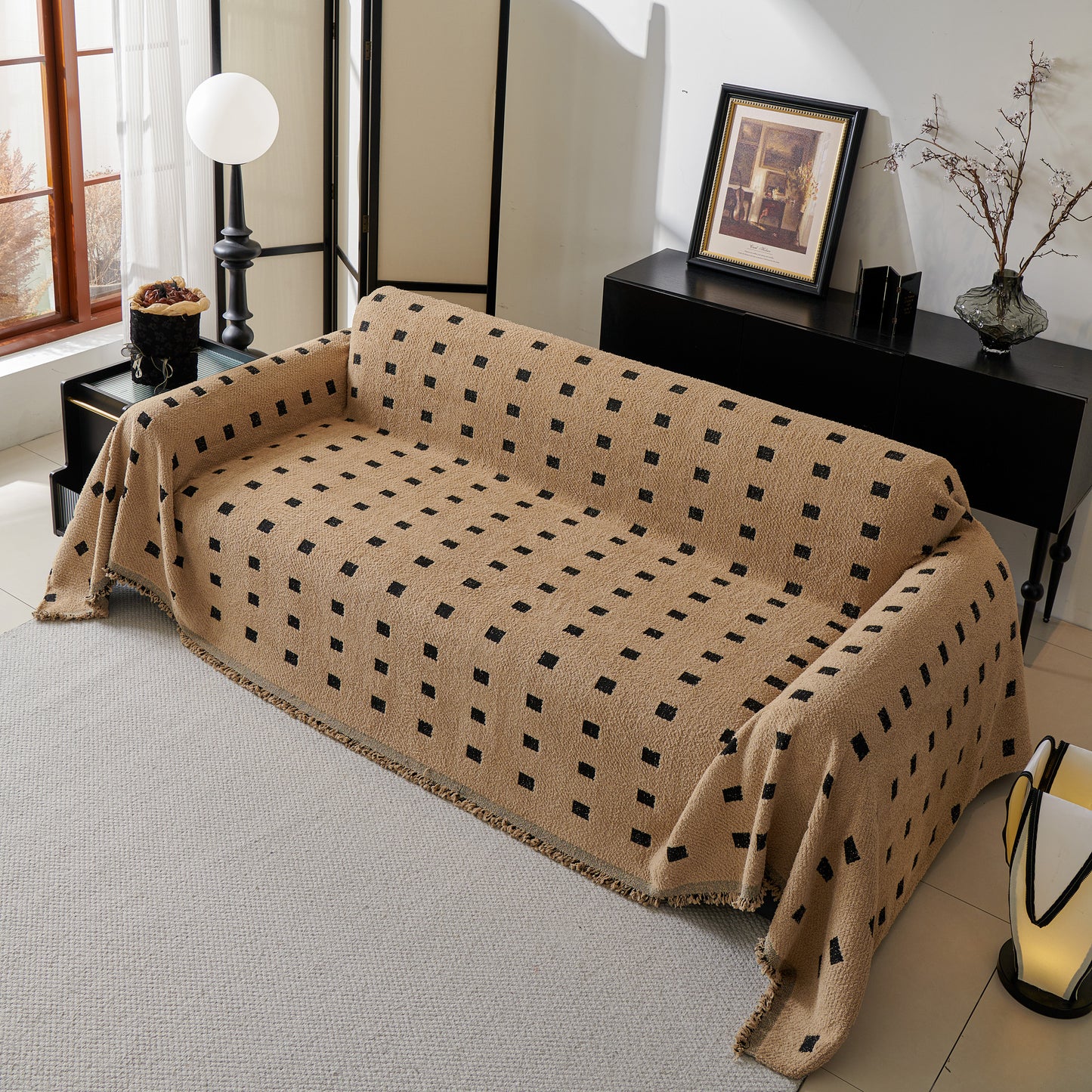Couverture de canapé avec motif géométrique tissé et franges, douce et épaisse housse de canapé