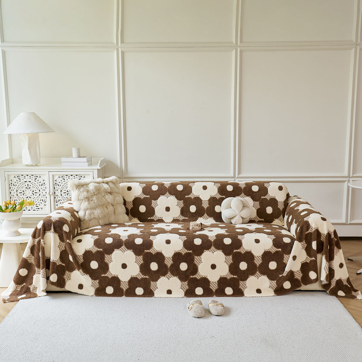 Plush Floral Sofa Throw Cover, Thick Soft Couch Protector Throw Couch for Dogs, Kids