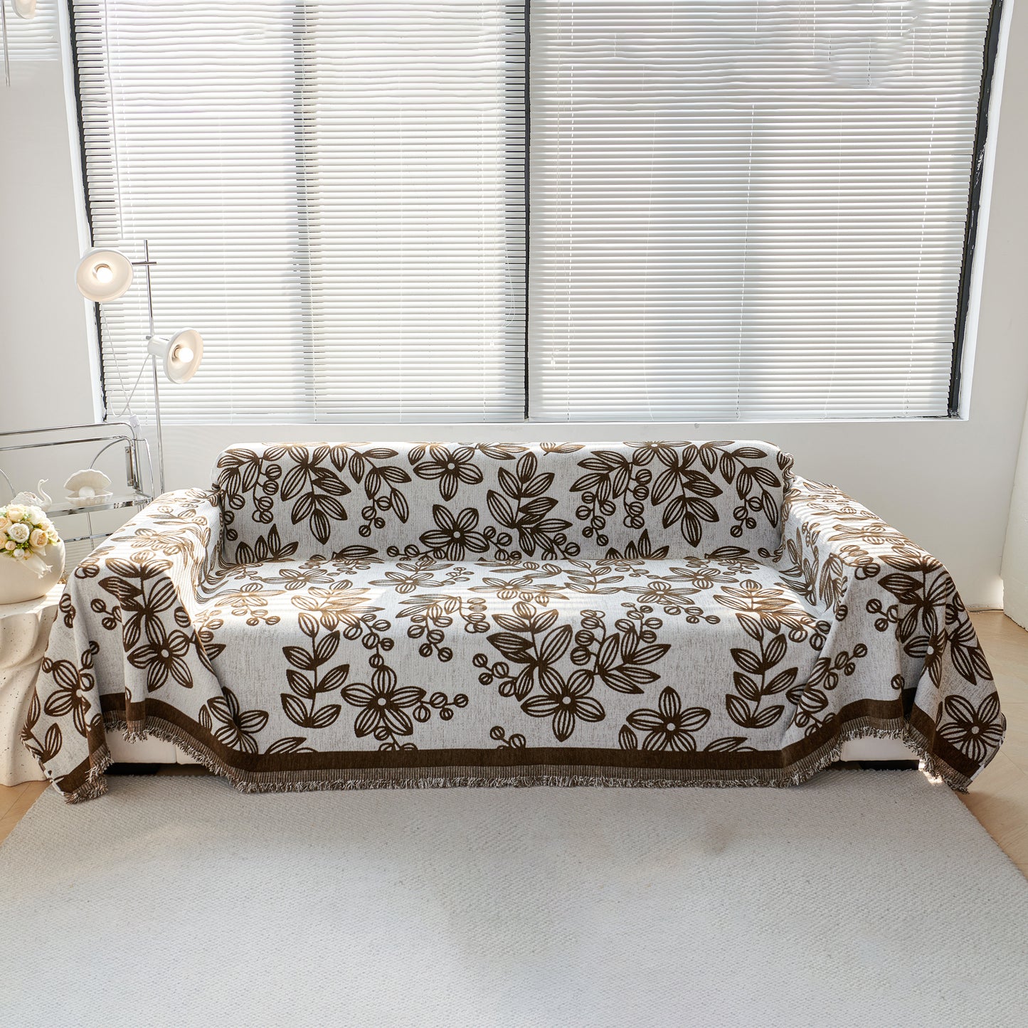 Floral Symphony Couch Throw Cover with Tassel, Chenille Sofa Cover with Leafy Melodies for Sectional