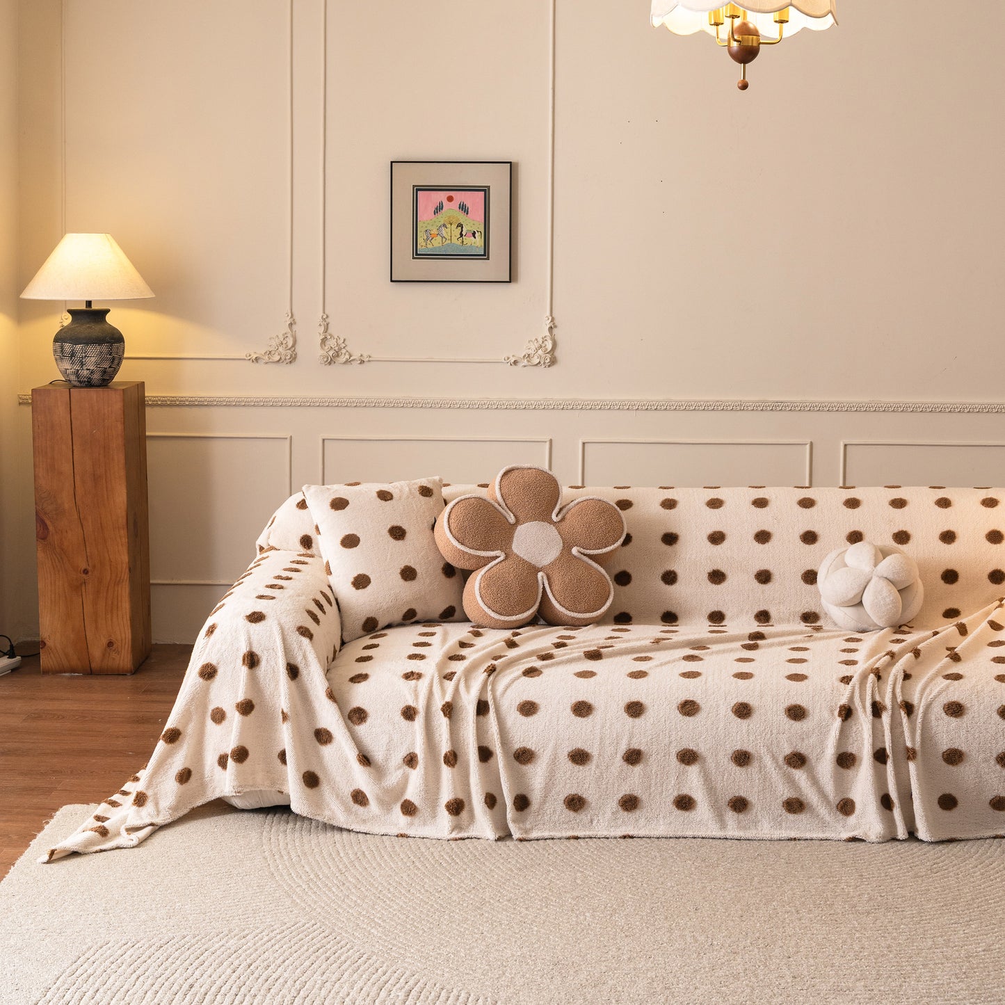 Plush Fleece Sofa Cover Throw, Soft Textured Polka Dot Couch Protector Blanket for Pets