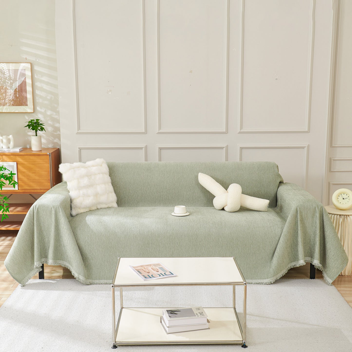 Solid Color Chenille Sofa Throw Blanket, Modern Decor Soft Couch Cover with Fringes