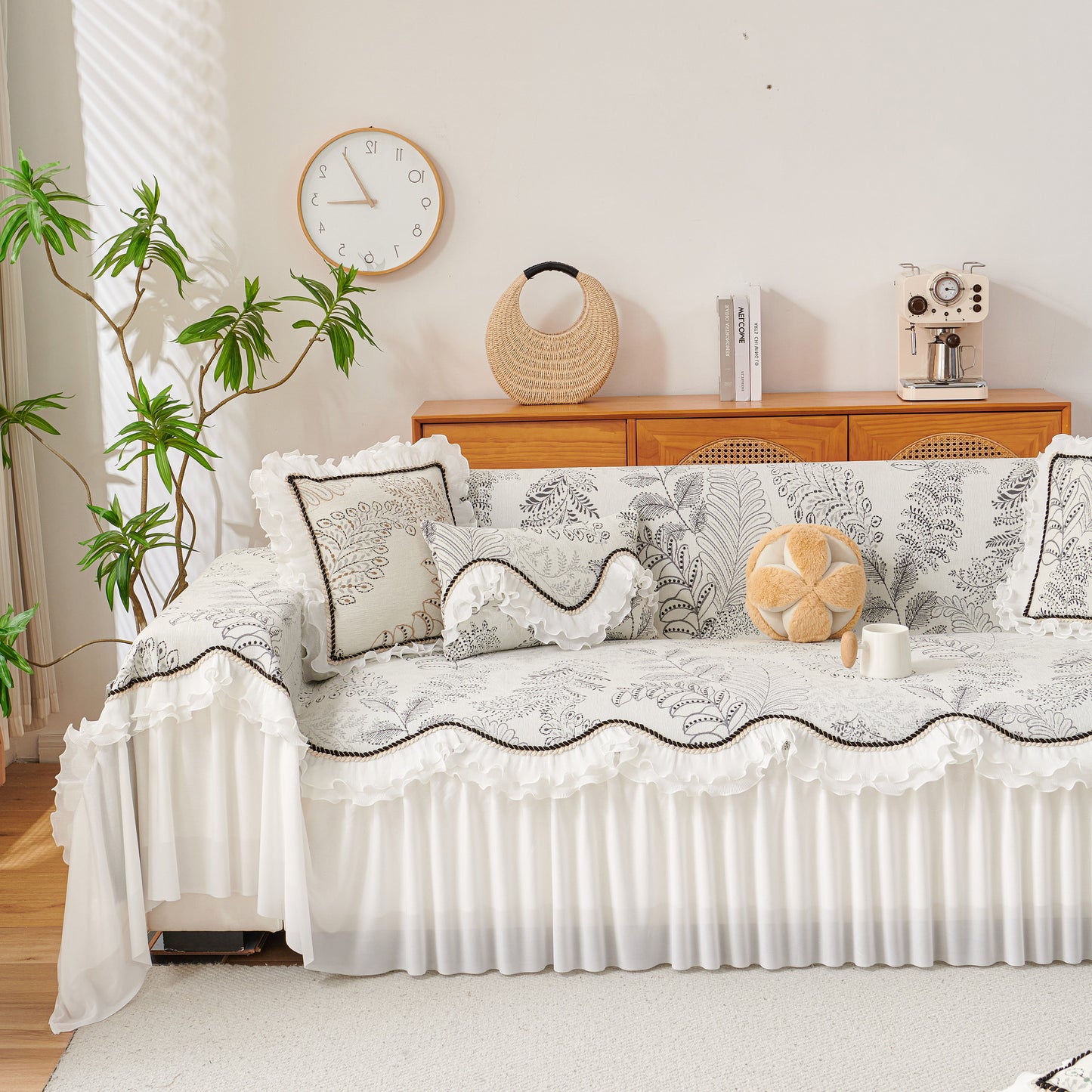 Farmhouse Ruffled Lace Sofa Slipcover Vintage Furniture Protector with Botanical Print