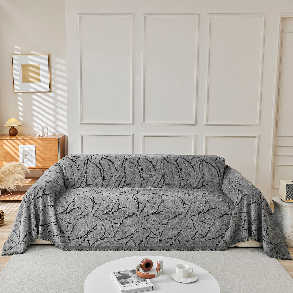 Oversized Leaf Sofa Throw Cover, Botanical Textured Couch Cover for Sectional Sofa