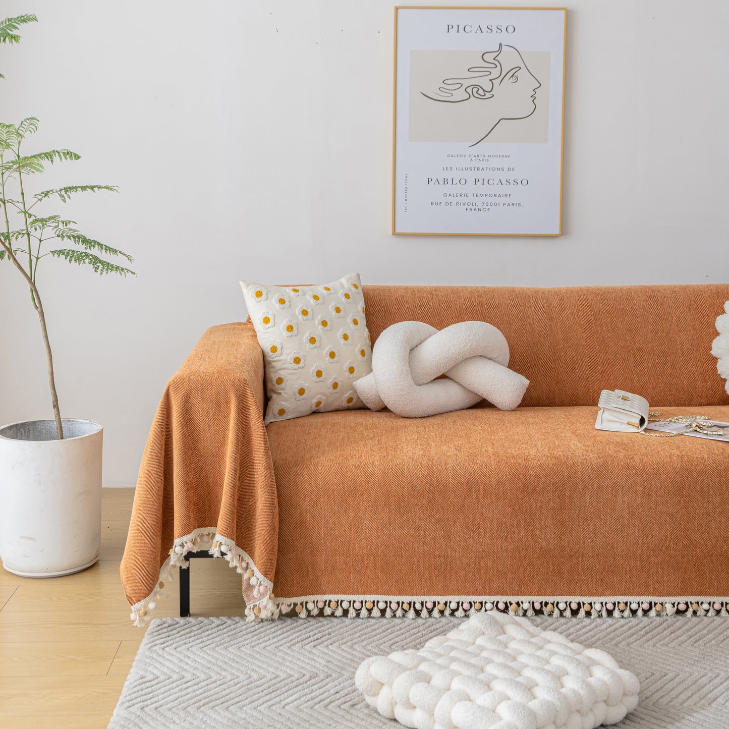 ペット用タッセルポンポン付きシェニールヘリンボーンカウチスローカバー L字型セクショナルカウチカバー