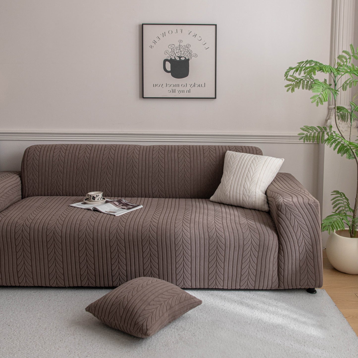 Plush Fleece Sofa Slipcover with 3D Wheat Pattern, Cozy High-Stretch Couch Cover