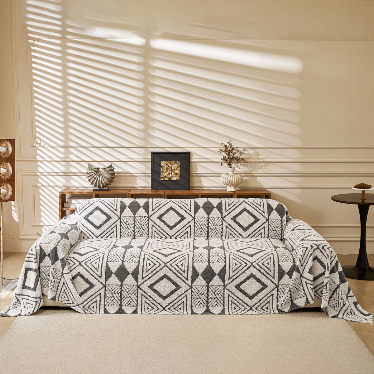 Modern Boho Geometric Plush Sofa Throw Cover, Soft Cozy Textured Slip Cover for Couch