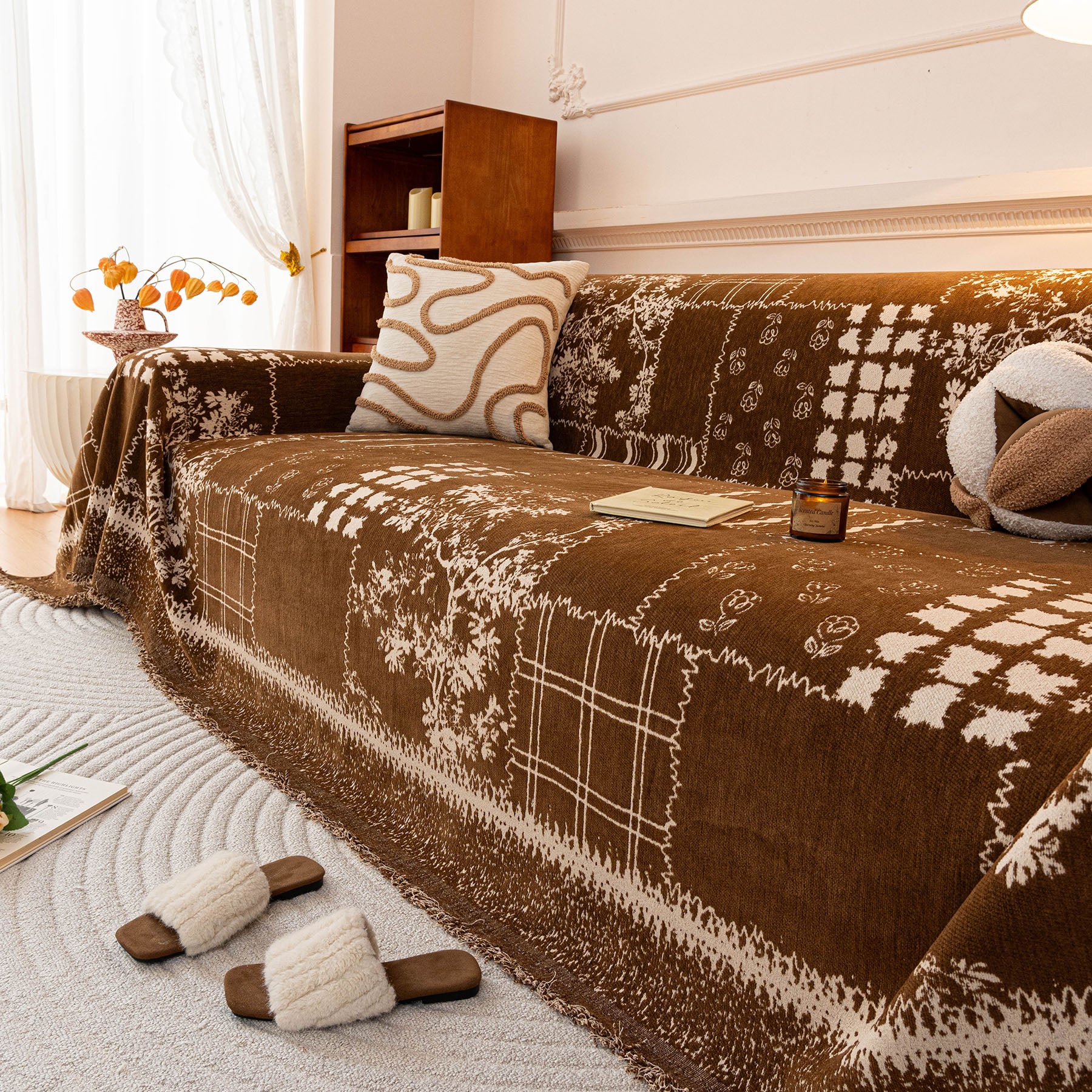 Vintage Patchwork Floral Plaid Pattern Couch Cover, Boho Farmhouse Furniture Protector Khaki / 180x400cm (70