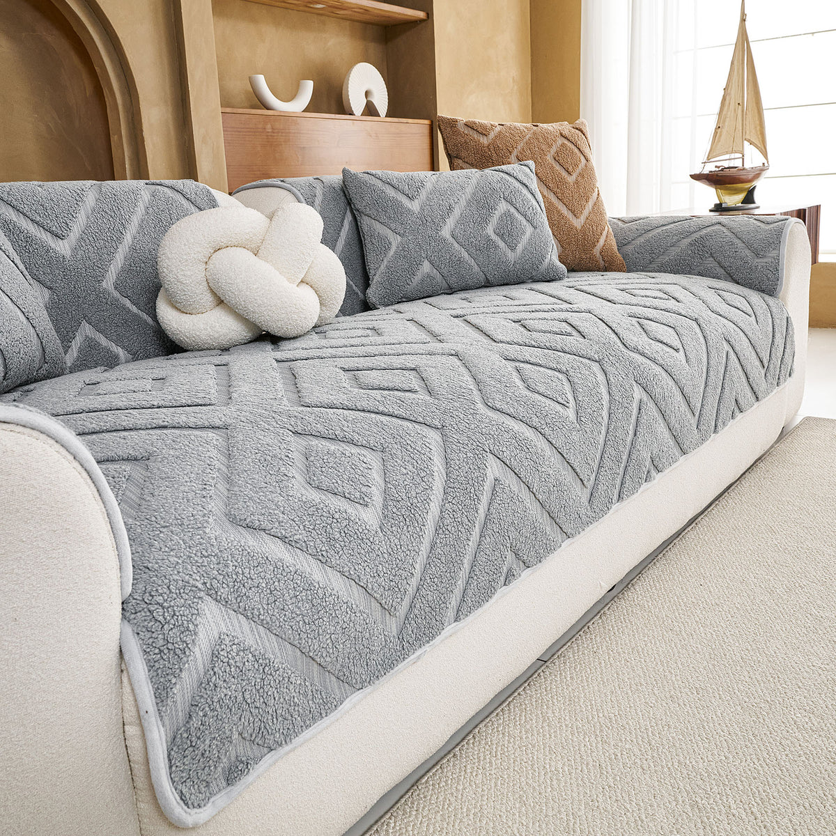 Thick Sherpa Sofa Protector Cover, Warm Plush Couch Cover for Seat, Backrest & Armrest