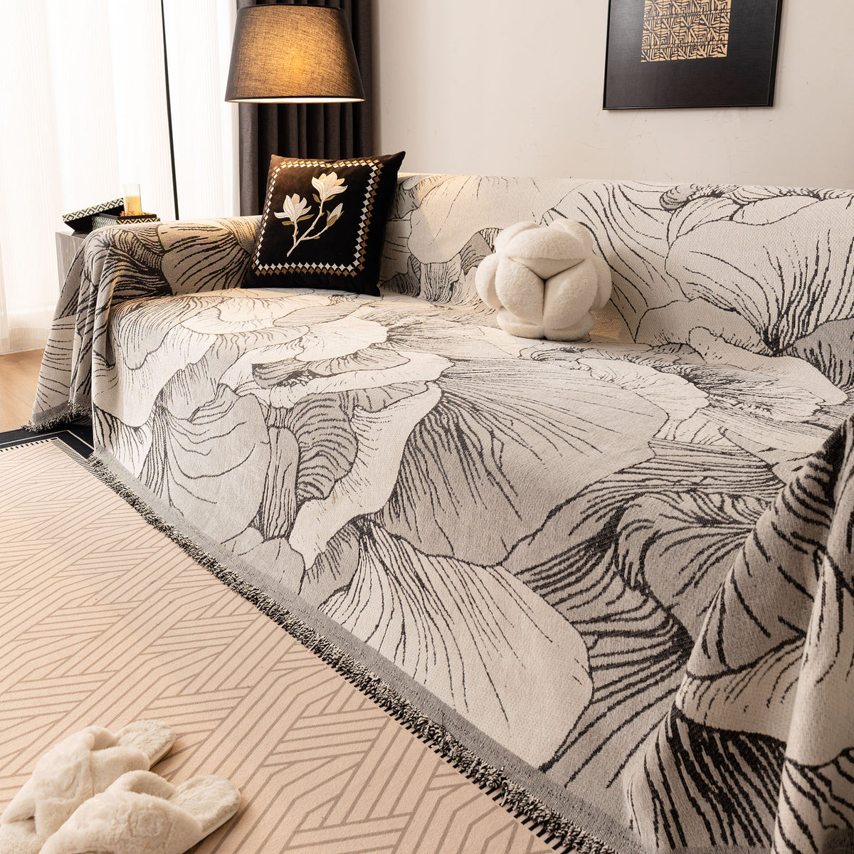Modern Chenille Sofa Throw Cover, Oversized Floral Abstract Botanical Couch Protector
