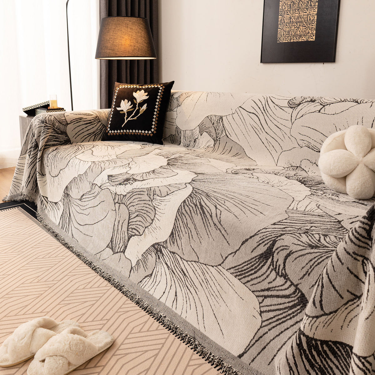 Modern Chenille Sofa Throw Cover, Oversized Floral Abstract Botanical Couch Protector