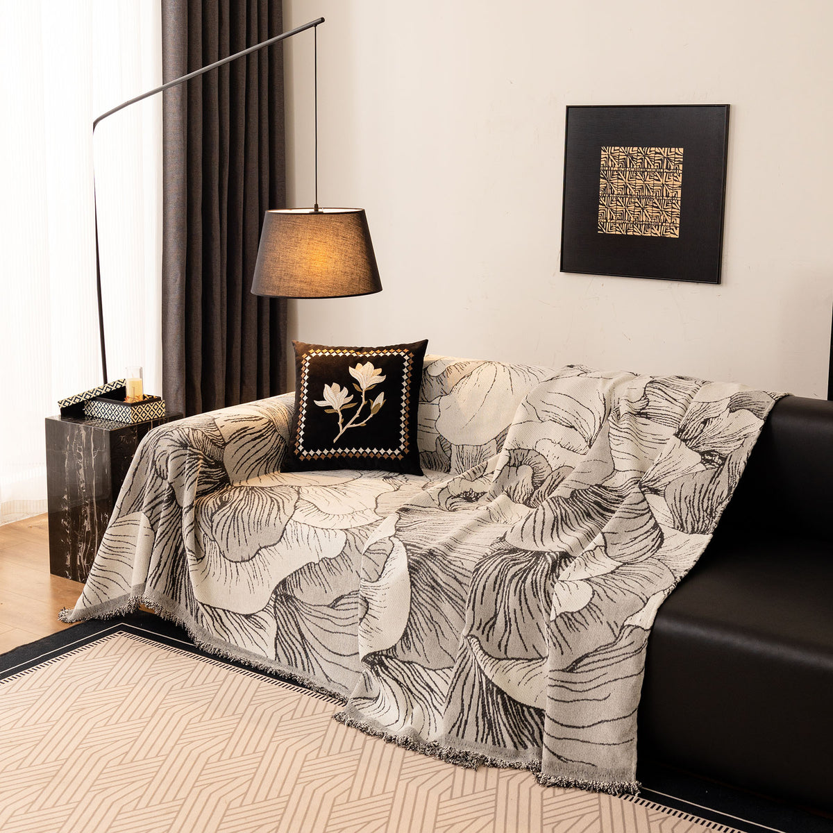 Modern Chenille Sofa Throw Cover, Oversized Floral Abstract Botanical Couch Protector