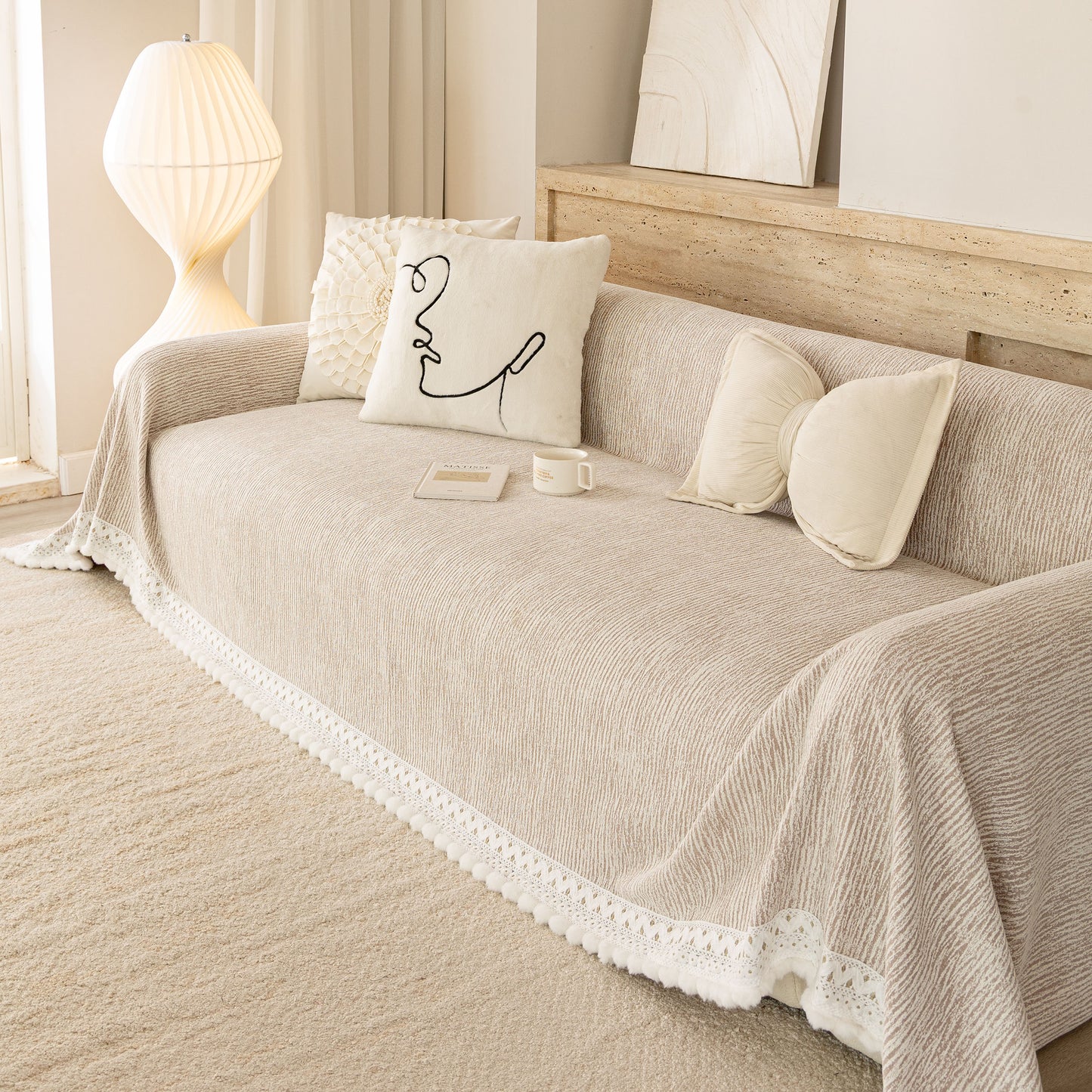 Sofa Cover Throw with Lace Trim & Pom-Pom Fringe, Decorative Couch Cover Blanket