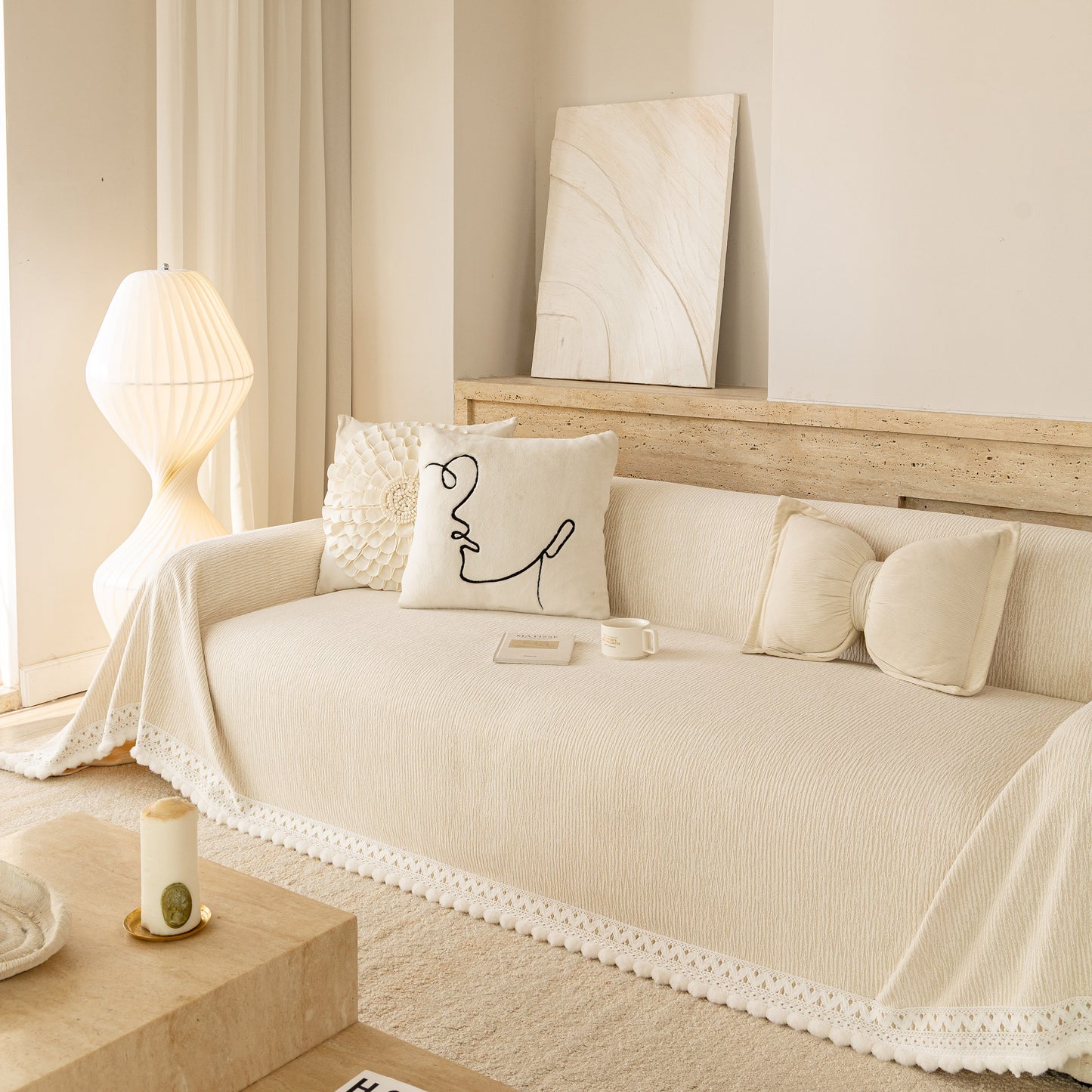 Sofa Cover Throw with Lace Trim & Pom-Pom Fringe, Decorative Couch Cover Blanket