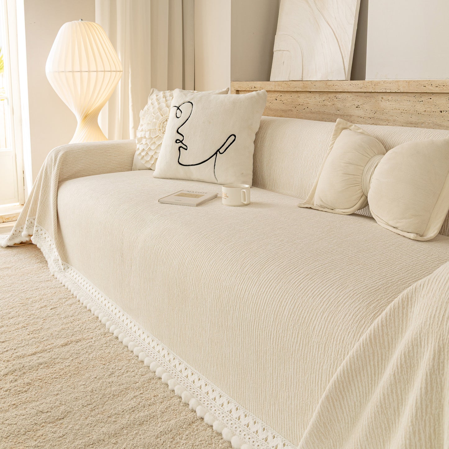 Sofa Cover Throw with Lace Trim & Pom-Pom Fringe, Decorative Couch Cover Blanket