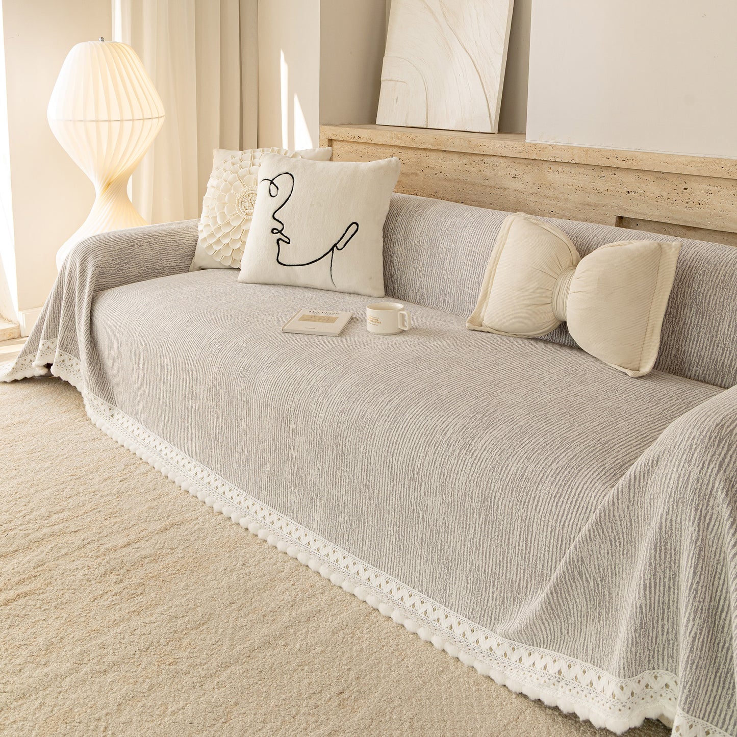 Sofa Cover Throw with Lace Trim & Pom-Pom Fringe, Decorative Couch Cover Blanket