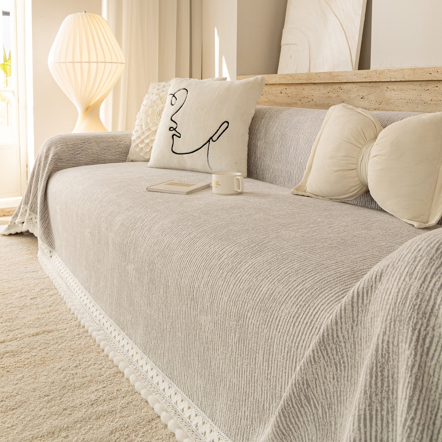 Sofa Cover Throw with Lace Trim & Pom-Pom Fringe, Decorative Couch Cover Blanket