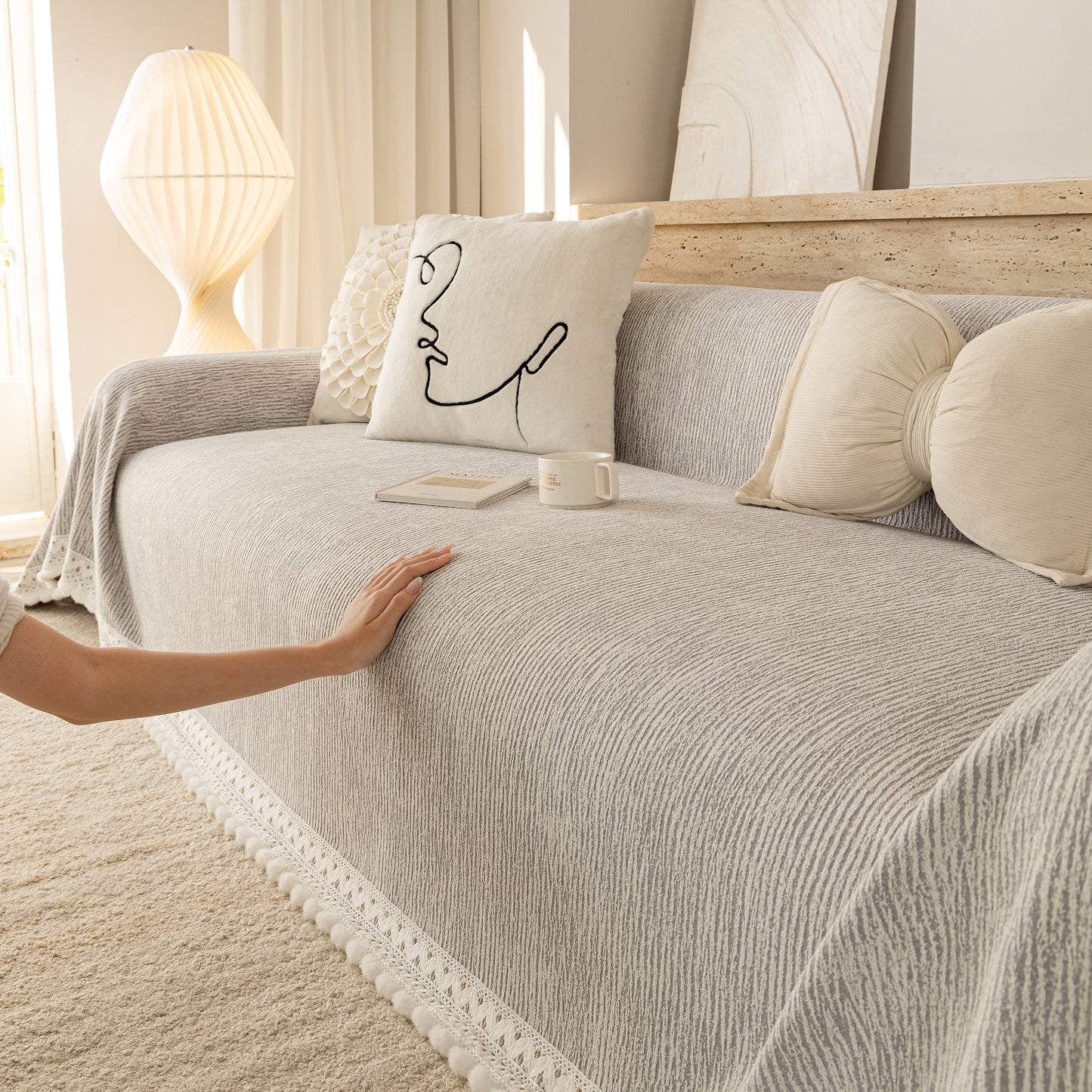 Sofa Cover Throw with Lace Trim & Pom-Pom Fringe, Decorative Couch Cover Blanket