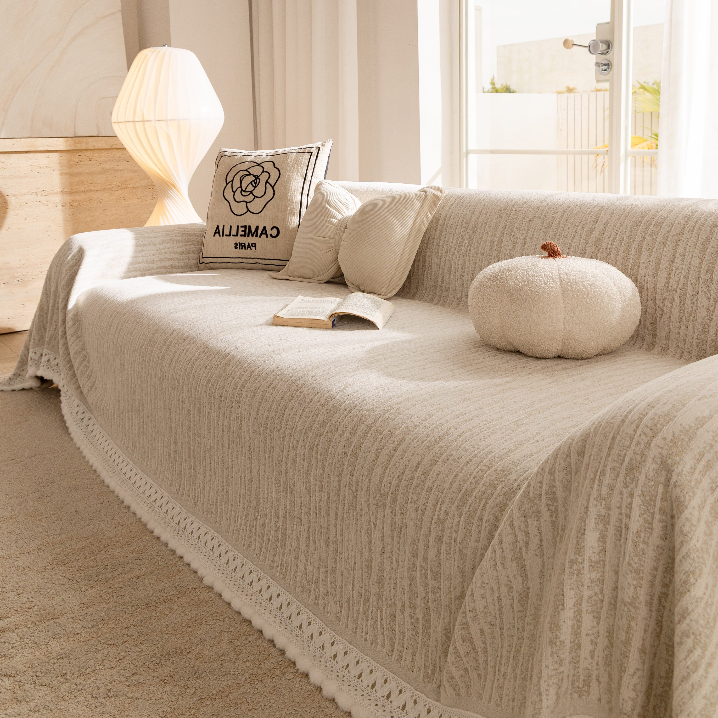 Lace Trim Pom Pom Tassel Edge Slipcover, Durable Furniture Cover