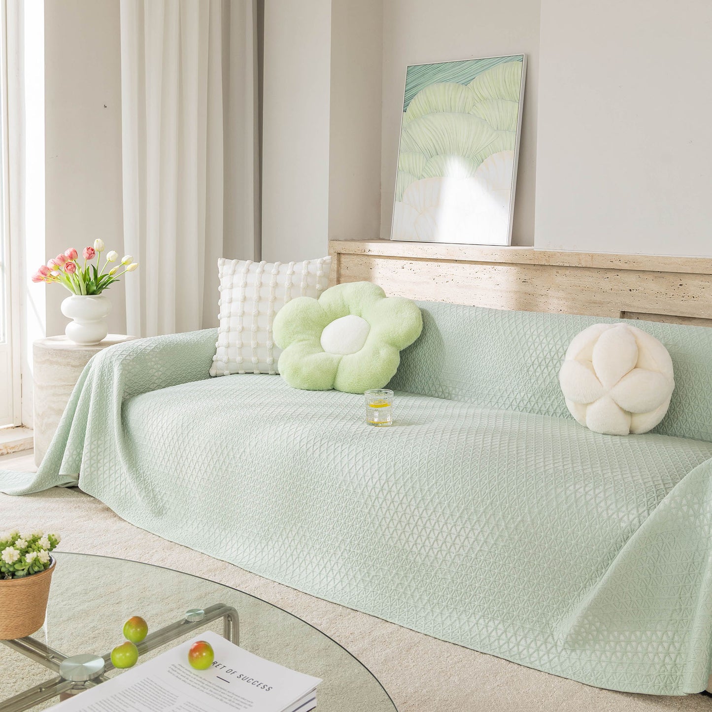 Cooling Ice Silk Sofa Throw Cover, Summer Diamond Textured Furniture Protector Blanket