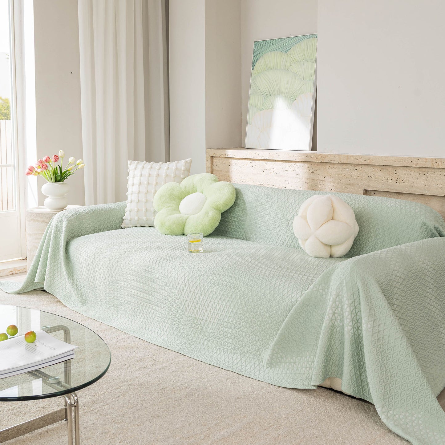 Cooling Ice Silk Sofa Throw Cover, Summer Diamond Textured Furniture Protector Blanket