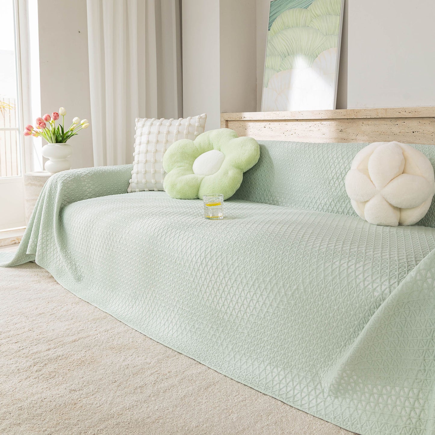 Cooling Ice Silk Sofa Throw Cover, Summer Diamond Textured Furniture Protector Blanket
