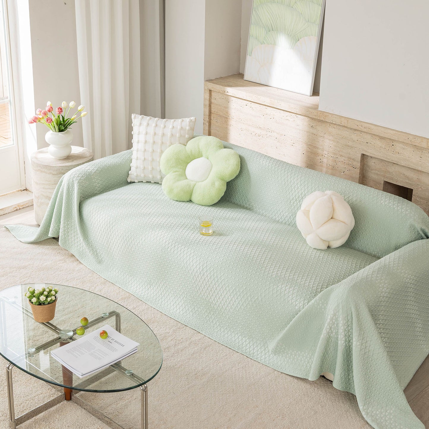 Cooling Ice Silk Sofa Throw Cover, Summer Diamond Textured Furniture Protector Blanket