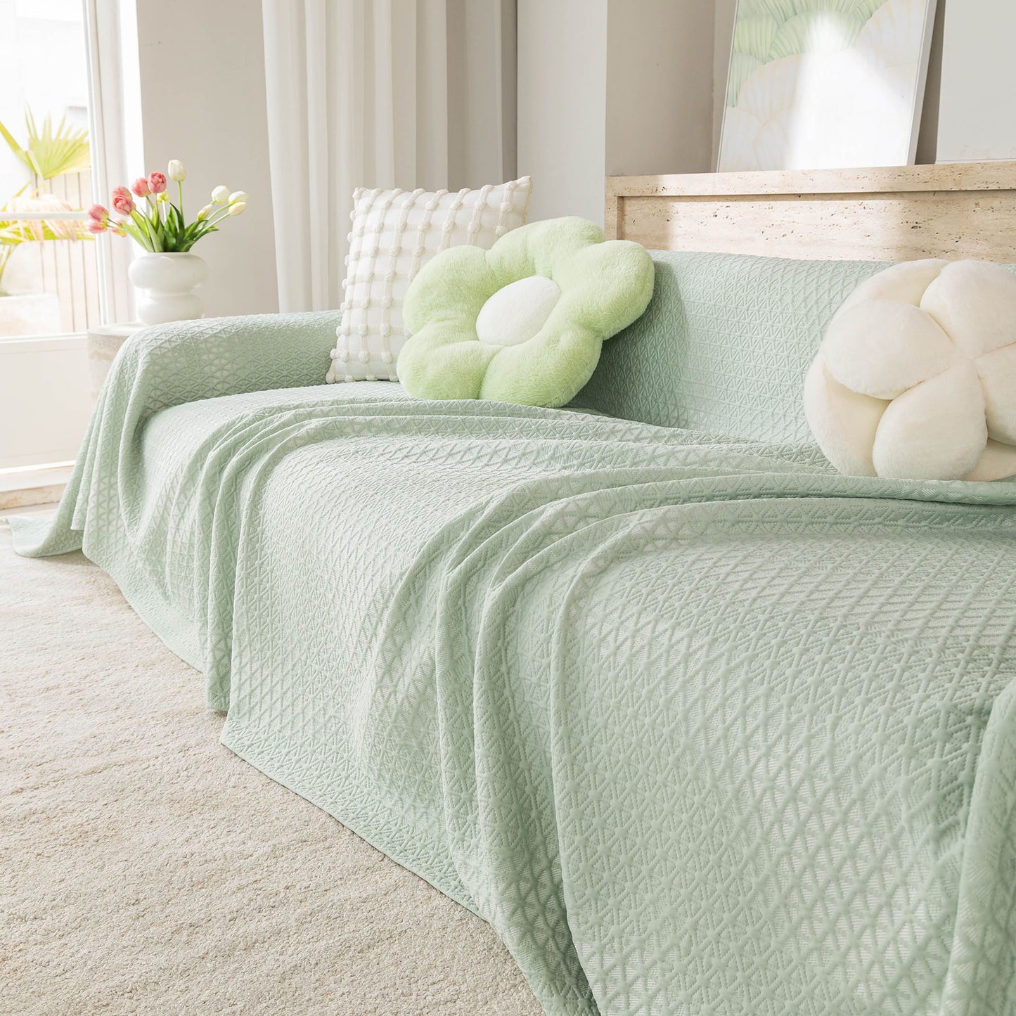 Cooling Ice Silk Sofa Throw Cover, Summer Diamond Textured Furniture Protector Blanket
