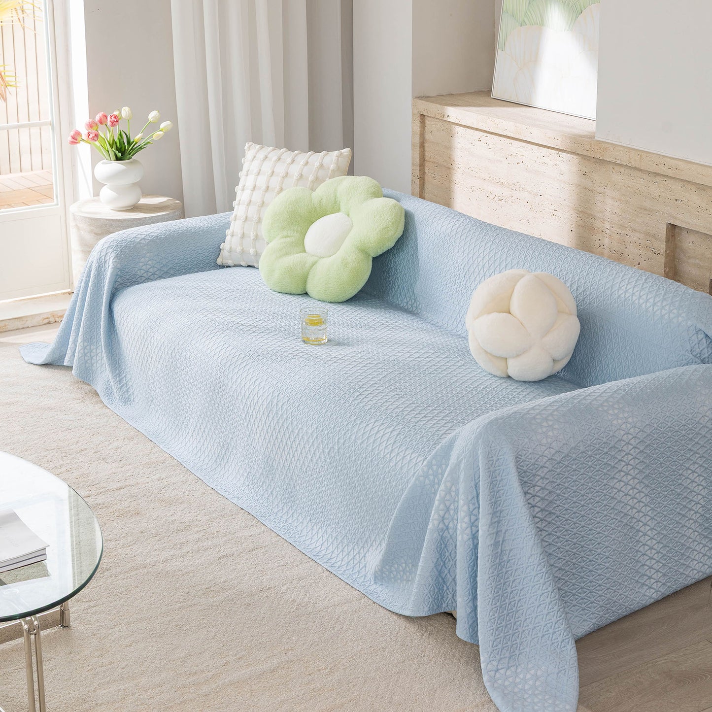 Cooling Ice Silk Sofa Throw Cover, Summer Diamond Textured Furniture Protector Blanket