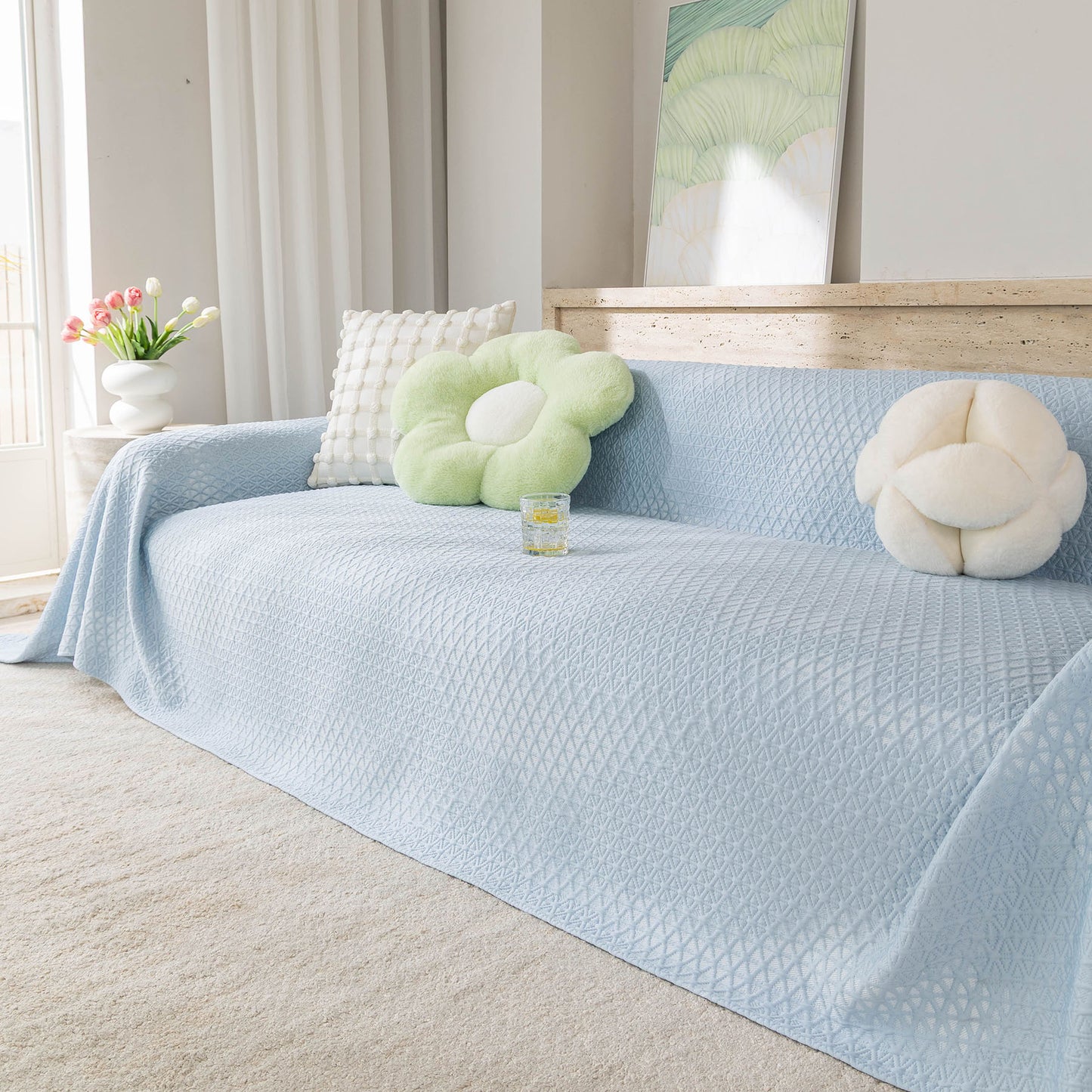 Cooling Ice Silk Sofa Throw Cover, Summer Diamond Textured Furniture Protector Blanket