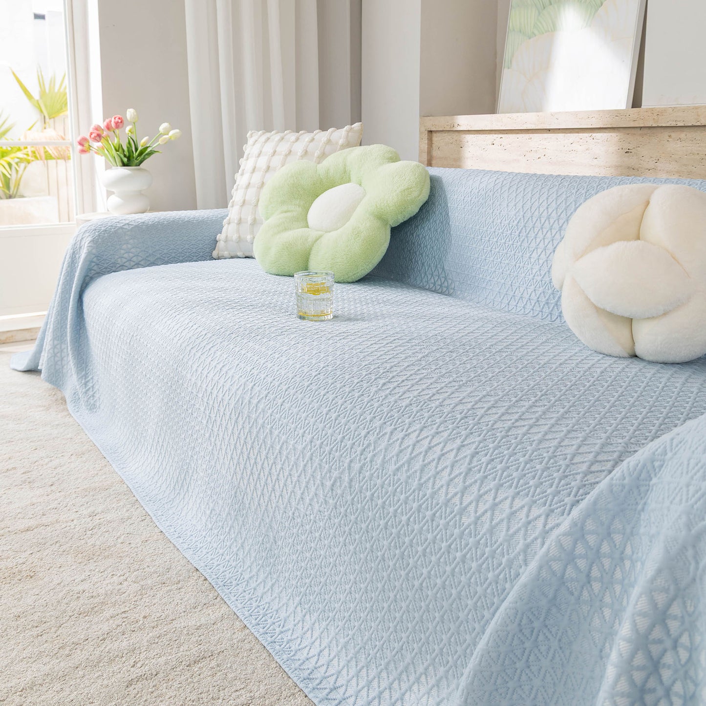 Cooling Ice Silk Sofa Throw Cover, Summer Diamond Textured Furniture Protector Blanket