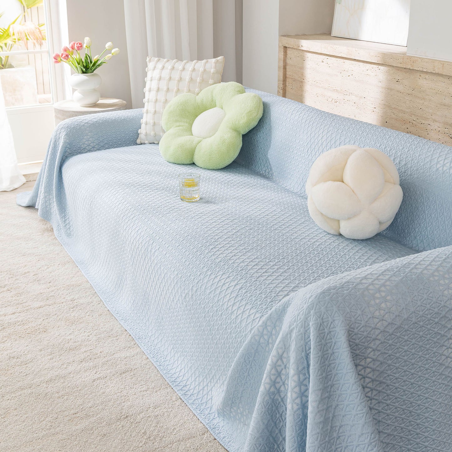Cooling Ice Silk Sofa Throw Cover, Summer Diamond Textured Furniture Protector Blanket