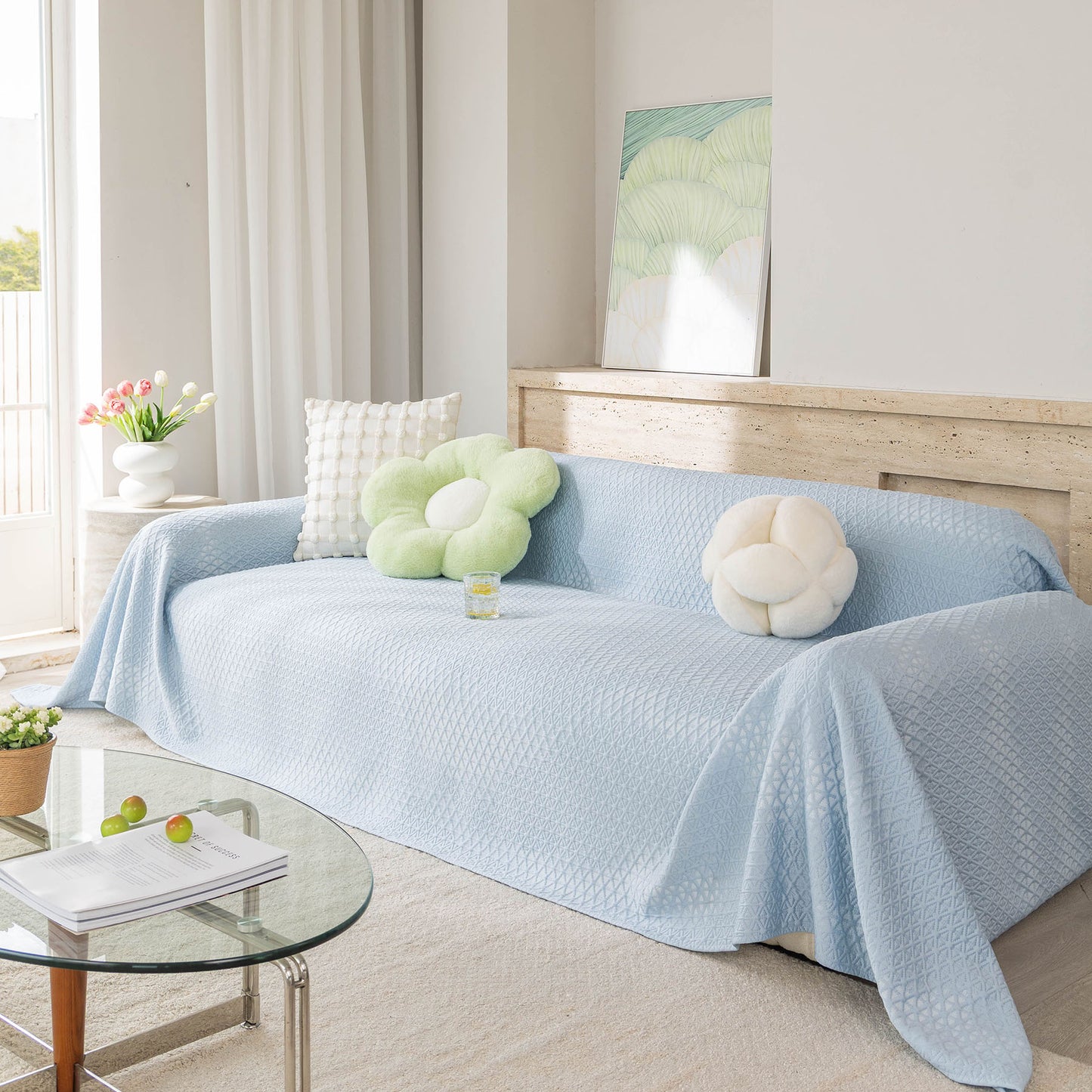 Cooling Ice Silk Sofa Throw Cover, Summer Diamond Textured Furniture Protector Blanket